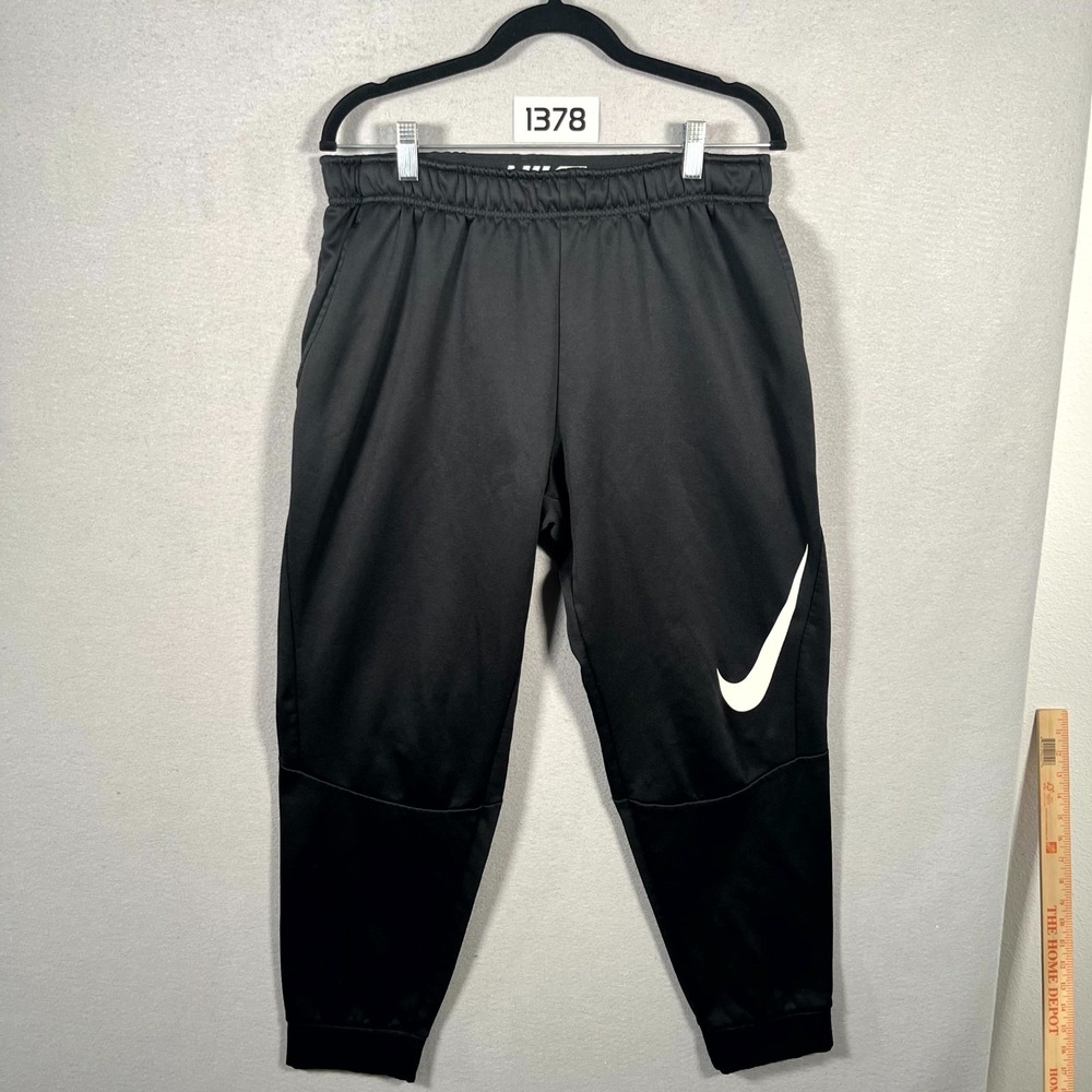 Nike Dri Fit Jogger Pants Mens Large Black Swoosh Logo Fleece Lined Training
